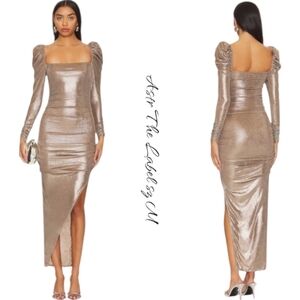 NWT ASTR the Label Vanozza Gold Metallic Ruched Midi Dress Size M